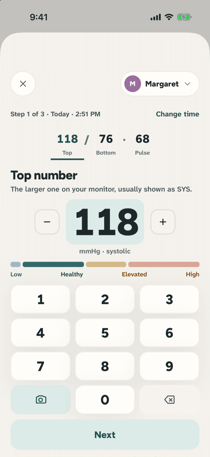 Add reading screen with 118 over 76 and pulse 68 entered on the keypad, ready for Next.
