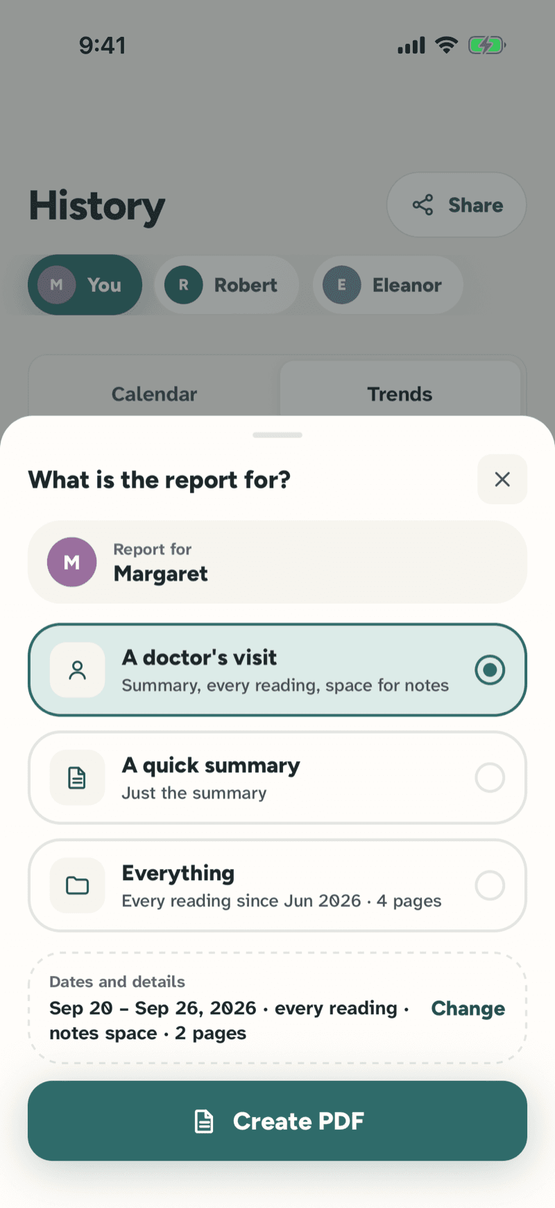 Share sheet: 'What is the report for?' with A doctor's visit selected, A quick summary and Everything, the dates Sep 20 – Sep 26, and Create PDF.