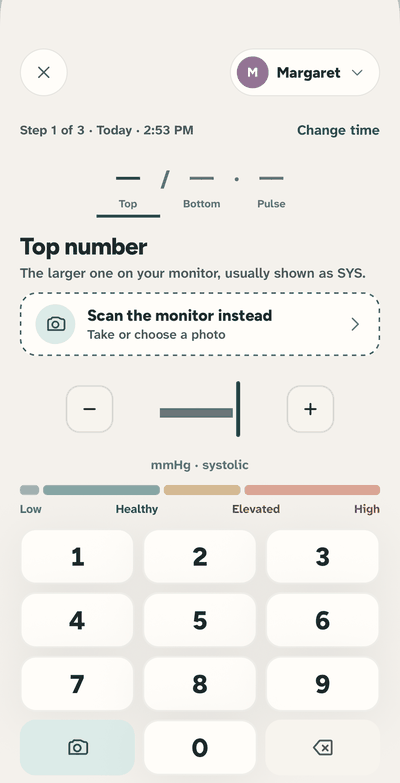 Logging a reading: the keypad fills in 118, then 76, then pulse 68, and Home shows 'In a good range'.